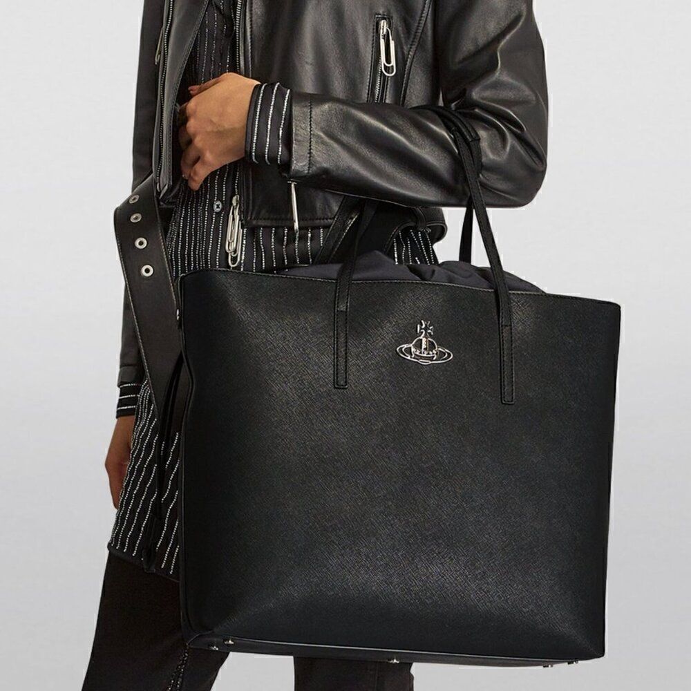 EUC Vivienne Westwood Womens Black Textured Polly Drawstring Vegan Tote Bag